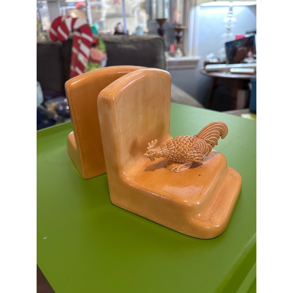 Orange Ceramic Roosters Bookends Farmhouse Rustic Shelf Decor made in 1967
